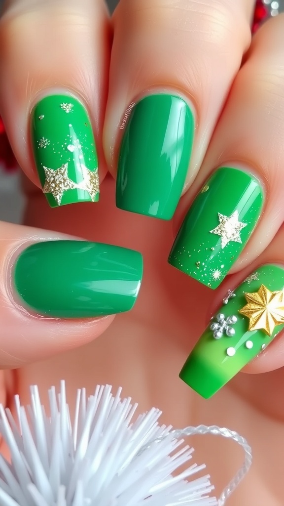 Festive green nail art with glitter and holiday designs on a decorated background.